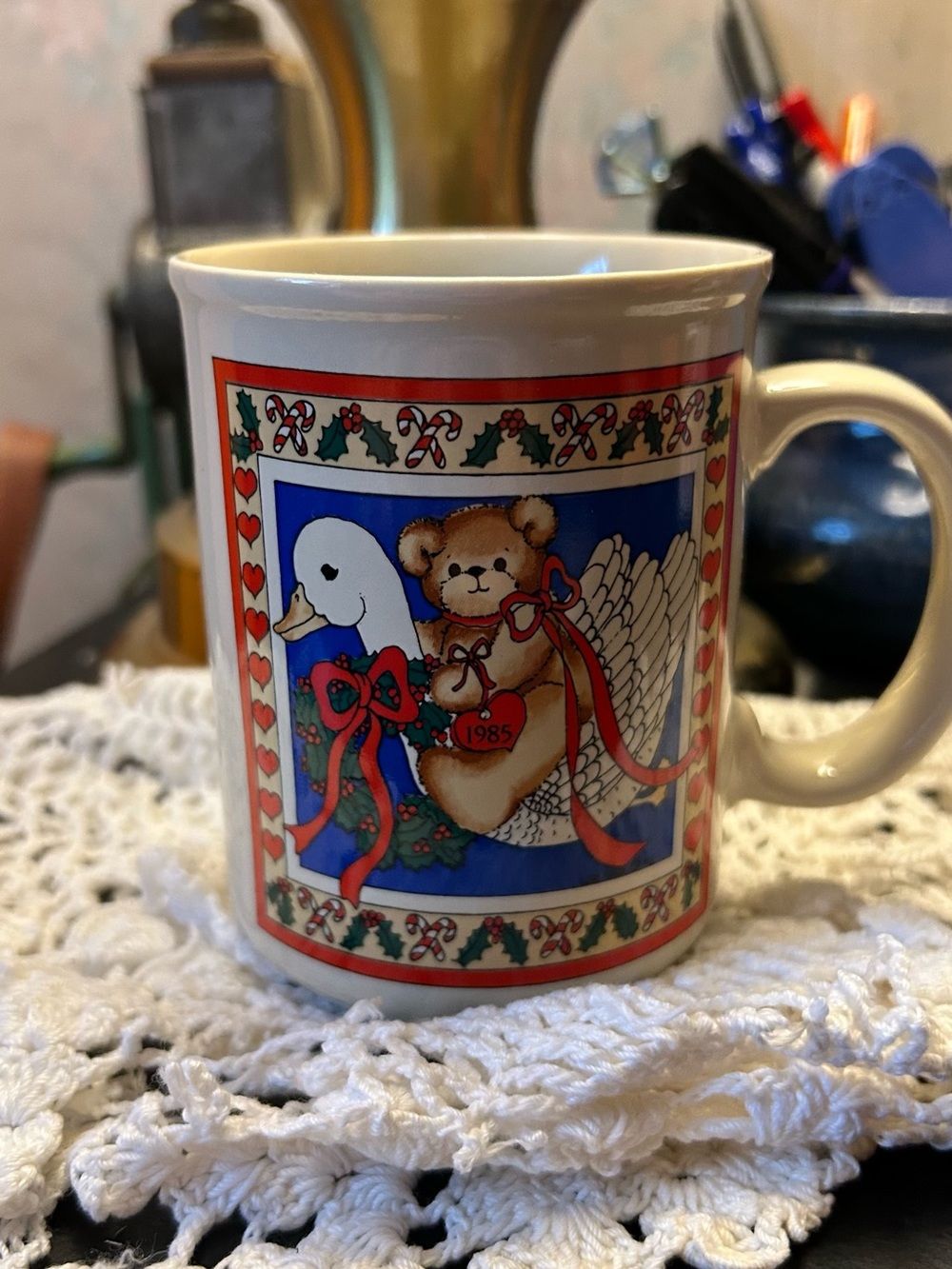 Enesco Holiday Bear and Goose Ceramic Mug in Blue and Red